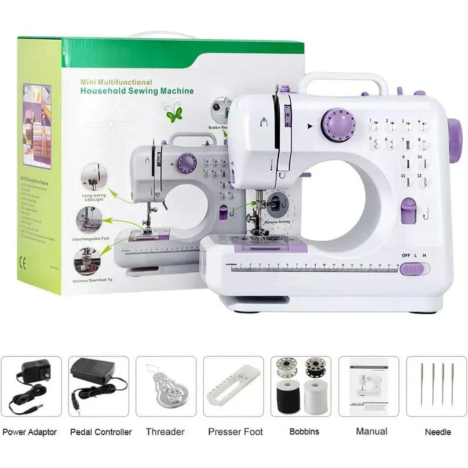 FHSM-505 Máquina de costura portátil para iniciantes, Mini elétrica Household Crafting Mending Overlock, 12 pontos Presser Pedal