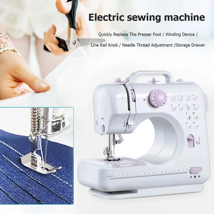 FHSM-505 Máquina de costura portátil para iniciantes, Mini elétrica Household Crafting Mending Overlock, 12 pontos Presser Pedal