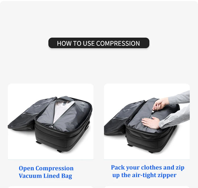 Water-resistant vacuum compression backpack.